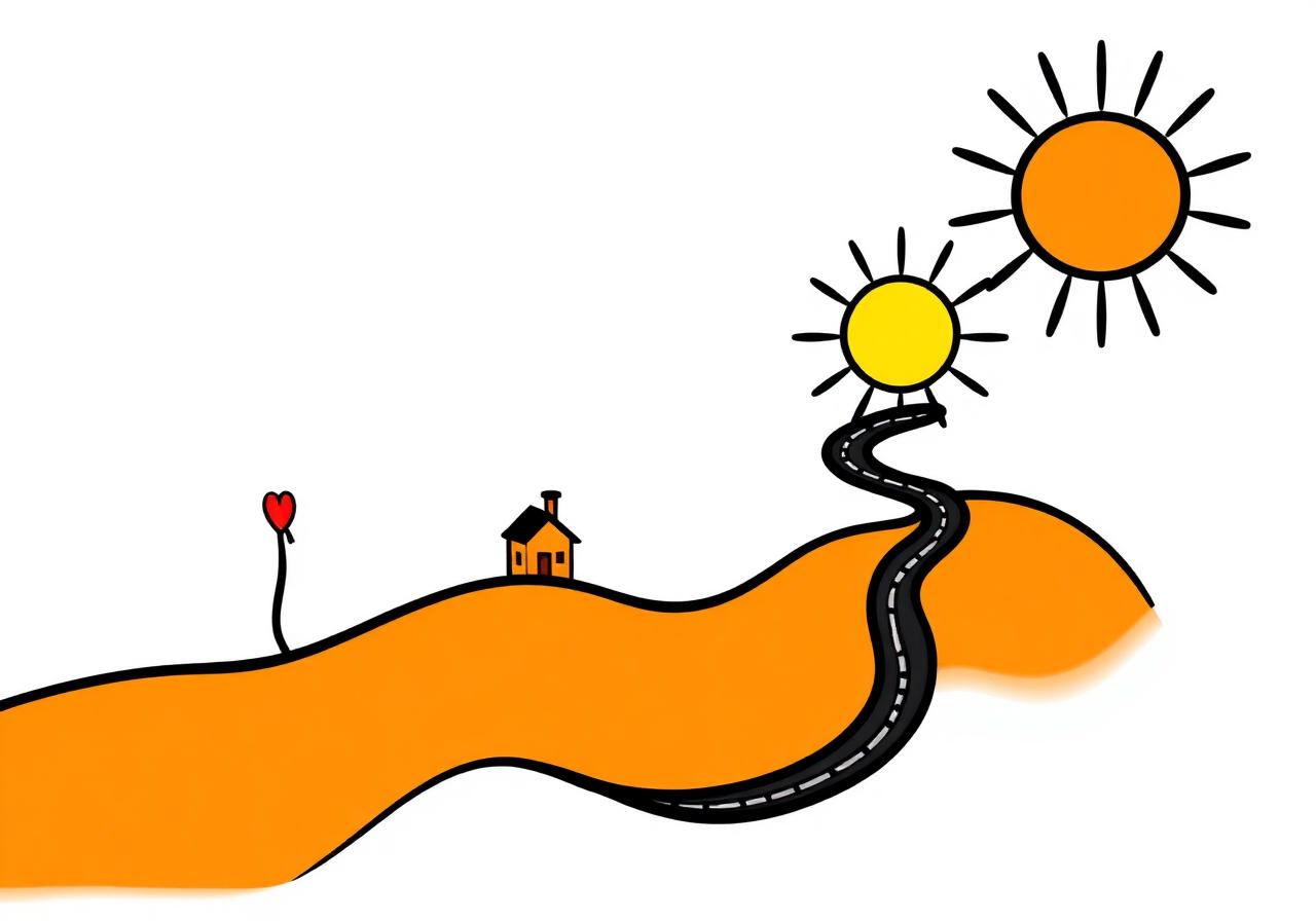 Winding road with a tiny figure heading toward a small house and sun